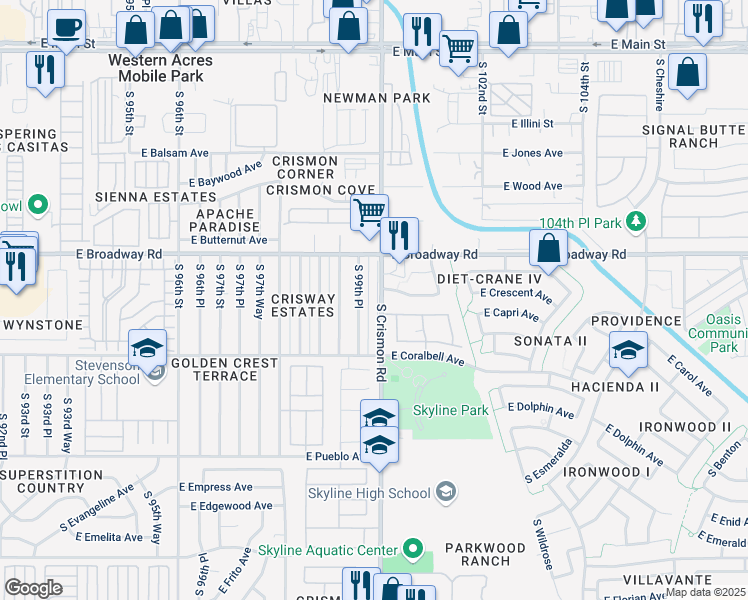 map of restaurants, bars, coffee shops, grocery stores, and more near 10020 East Crescent Avenue in Mesa