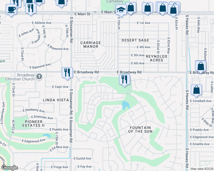map of restaurants, bars, coffee shops, grocery stores, and more near 7846 East Parkview Drive in Mesa