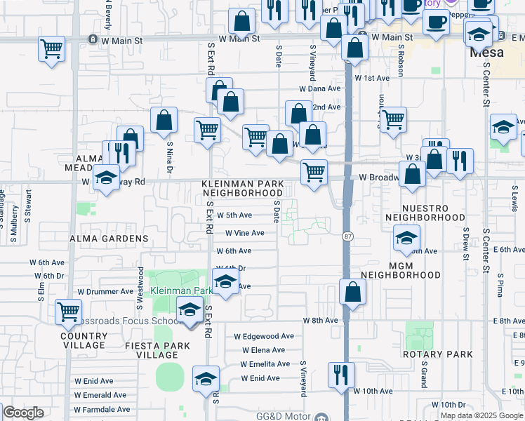 map of restaurants, bars, coffee shops, grocery stores, and more near 608 West 5th Avenue in Mesa