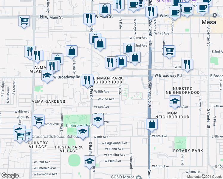 map of restaurants, bars, coffee shops, grocery stores, and more near 658 West 5th Avenue in Mesa