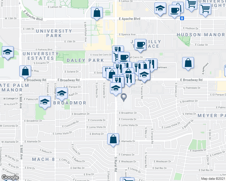 map of restaurants, bars, coffee shops, grocery stores, and more near 2014 South Rural Road in Tempe