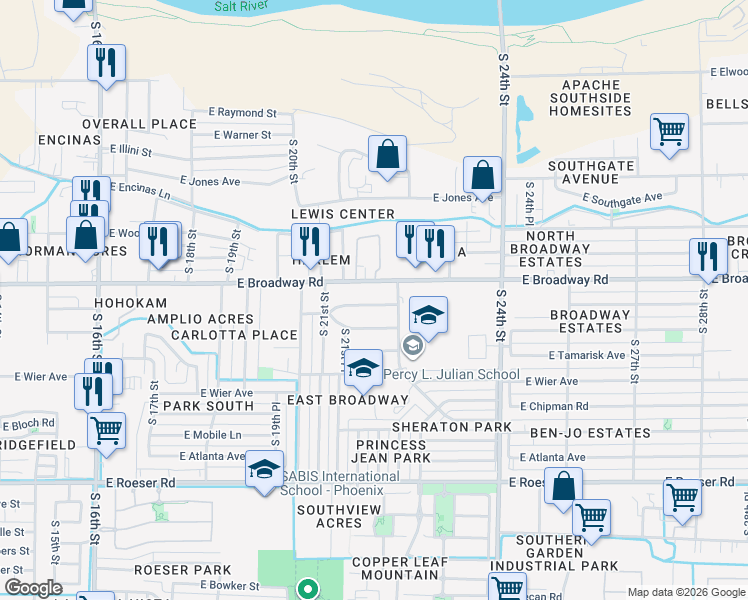 map of restaurants, bars, coffee shops, grocery stores, and more near 2143 East Broadway Road in Phoenix