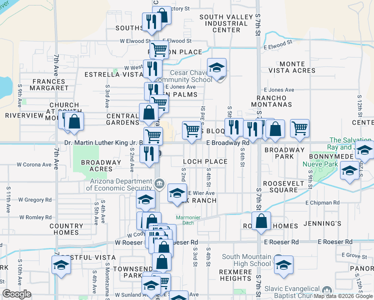 map of restaurants, bars, coffee shops, grocery stores, and more near 201 East Broadway Road in Phoenix