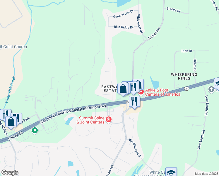 map of restaurants, bars, coffee shops, grocery stores, and more near 10 Eastwood Drive in Newnan