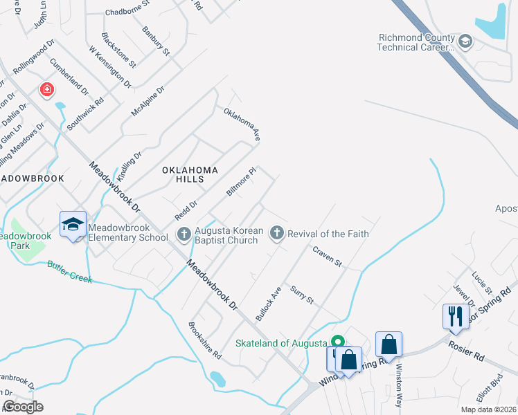 map of restaurants, bars, coffee shops, grocery stores, and more near 3517 Gardenbrook Drive in Augusta
