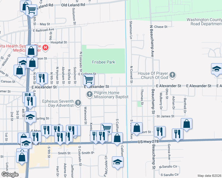 map of restaurants, bars, coffee shops, grocery stores, and more near 2025 East Alexander Street in Greenville