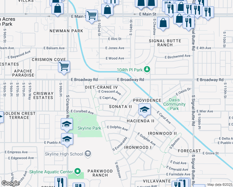 map of restaurants, bars, coffee shops, grocery stores, and more near 10319 East Crescent Avenue in Mesa
