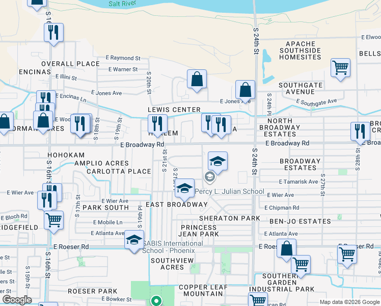 map of restaurants, bars, coffee shops, grocery stores, and more near 2143 East Broadway Road in Phoenix