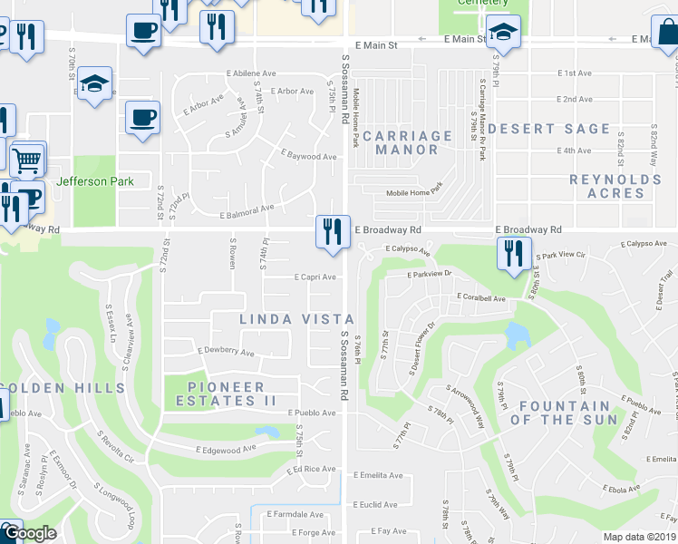 map of restaurants, bars, coffee shops, grocery stores, and more near 7550 East Capri Avenue in Mesa
