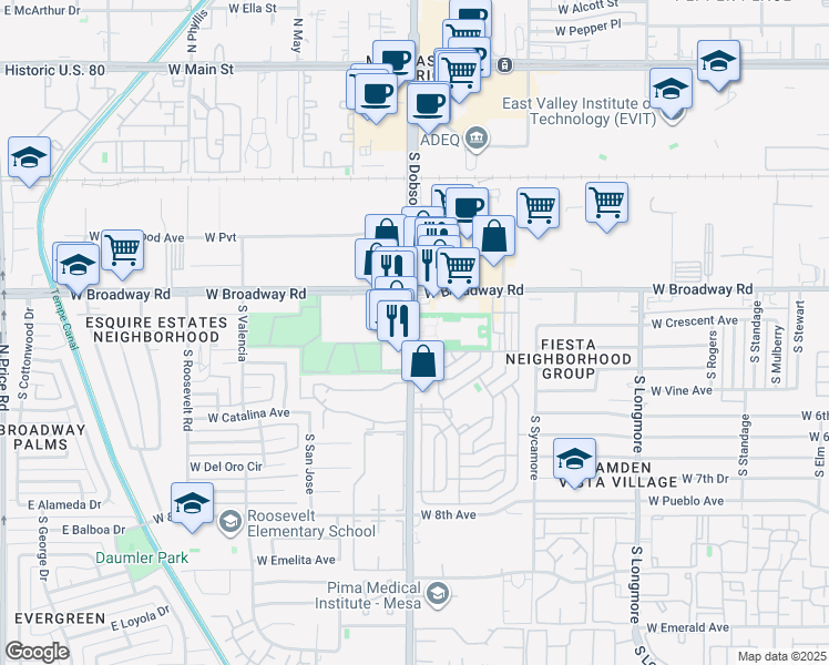 map of restaurants, bars, coffee shops, grocery stores, and more near 14 West Madera Point Apartment in Mesa