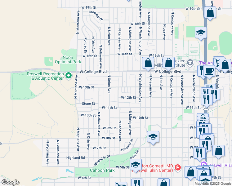 map of restaurants, bars, coffee shops, grocery stores, and more near 1210 North Kansas Avenue in Roswell