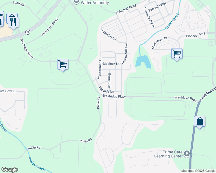 map of restaurants, bars, coffee shops, grocery stores, and more near 2322 Burnett Lane in McDonough