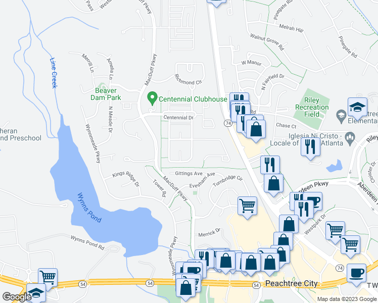 map of restaurants, bars, coffee shops, grocery stores, and more near 237 Independence Lane in Peachtree City