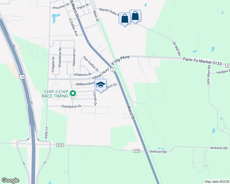 map of restaurants, bars, coffee shops, grocery stores, and more near 1500 Waco Street in Van Alstyne