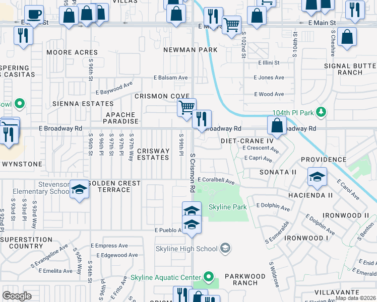 map of restaurants, bars, coffee shops, grocery stores, and more near 10020 East Crescent Avenue in Mesa