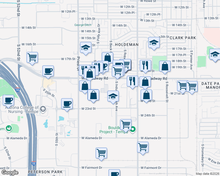 map of restaurants, bars, coffee shops, grocery stores, and more near 2032 South Industrial Park Avenue in Tempe