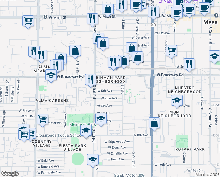 map of restaurants, bars, coffee shops, grocery stores, and more near 658 West 5th Avenue in Mesa