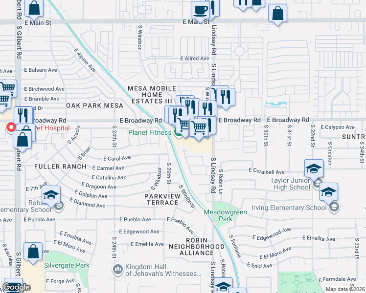map of restaurants, bars, coffee shops, grocery stores, and more near 517 South Linda Circle in Mesa