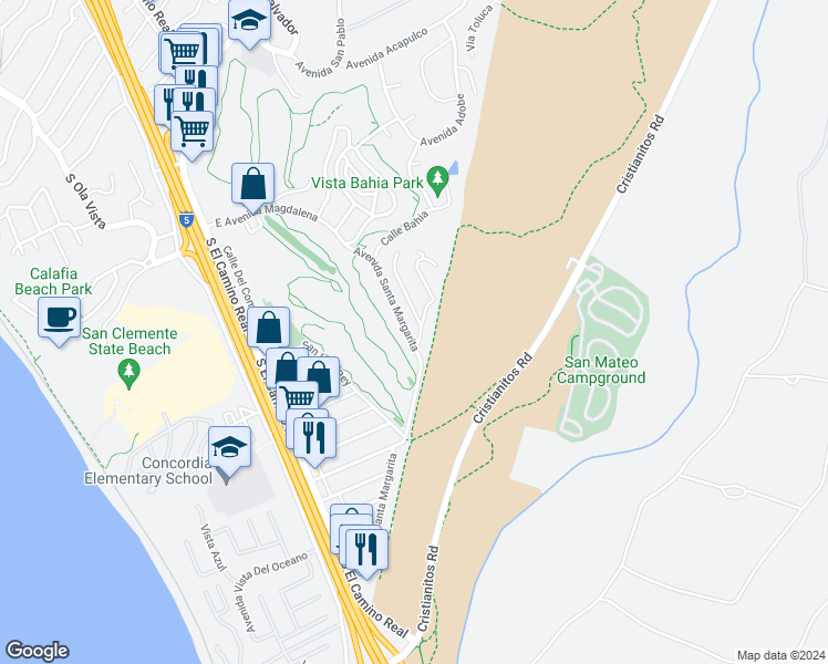 map of restaurants, bars, coffee shops, grocery stores, and more near 302 Avenida Santa Margarita in San Clemente