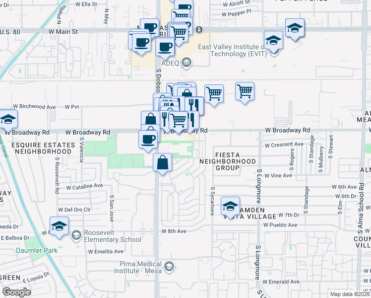 map of restaurants, bars, coffee shops, grocery stores, and more near 445 South Dobson Road in Mesa