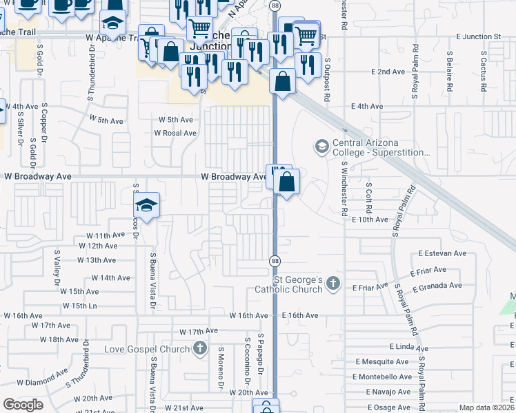 map of restaurants, bars, coffee shops, grocery stores, and more near 531 East Broadway Avenue in Apache Junction
