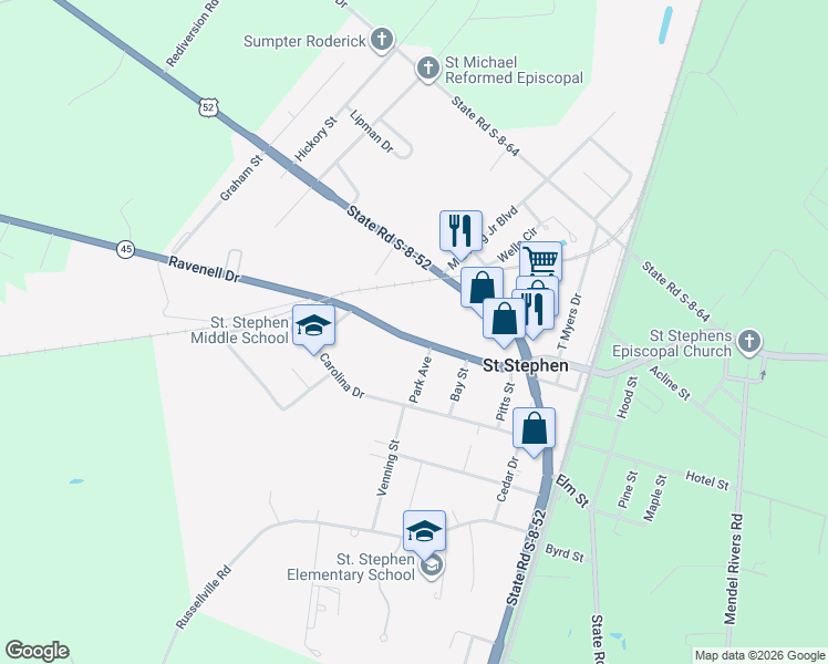 map of restaurants, bars, coffee shops, grocery stores, and more near 148 Ravenell Drive in Saint Stephen