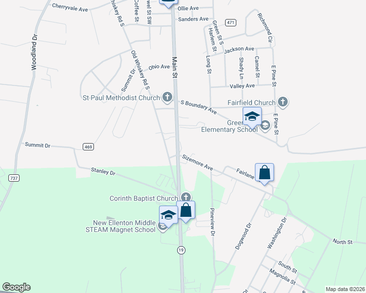 map of restaurants, bars, coffee shops, grocery stores, and more near 623 Main Street South in Jackson