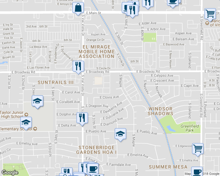 map of restaurants, bars, coffee shops, grocery stores, and more near South Val Vista Villas in Mesa
