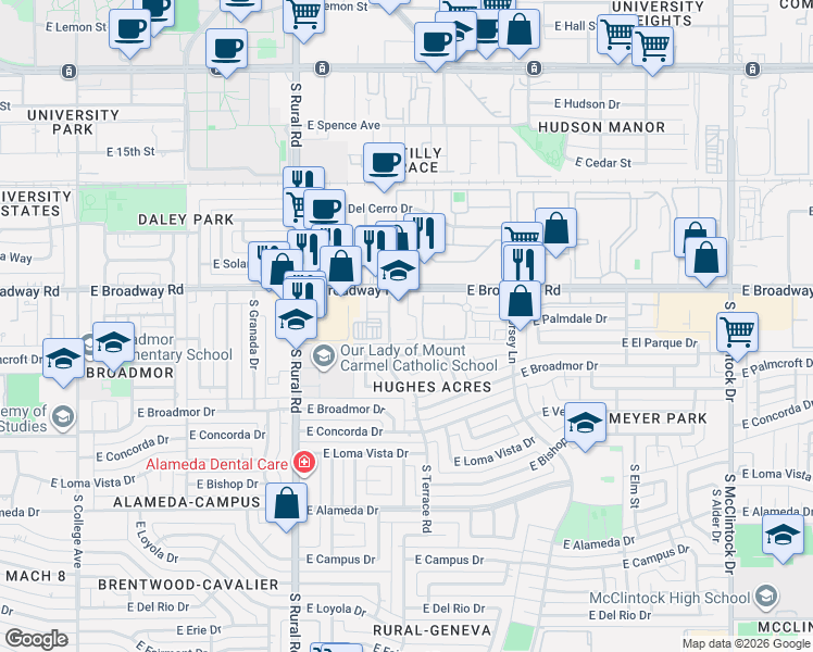 map of restaurants, bars, coffee shops, grocery stores, and more near 1105 East Broadway Road in Tempe