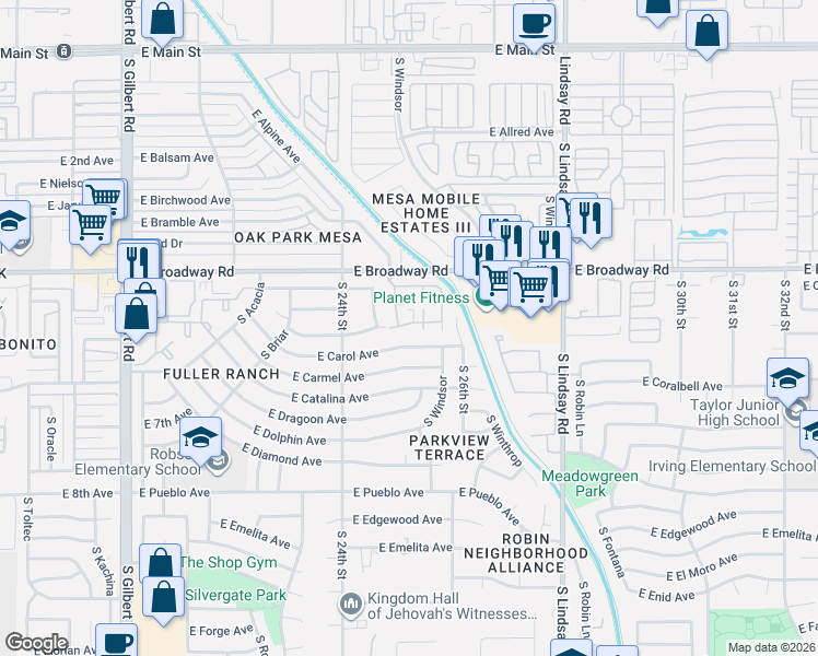 map of restaurants, bars, coffee shops, grocery stores, and more near 2455 East Broadway Road in Mesa