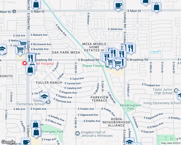 map of restaurants, bars, coffee shops, grocery stores, and more near 2455 East Broadway Road in Mesa