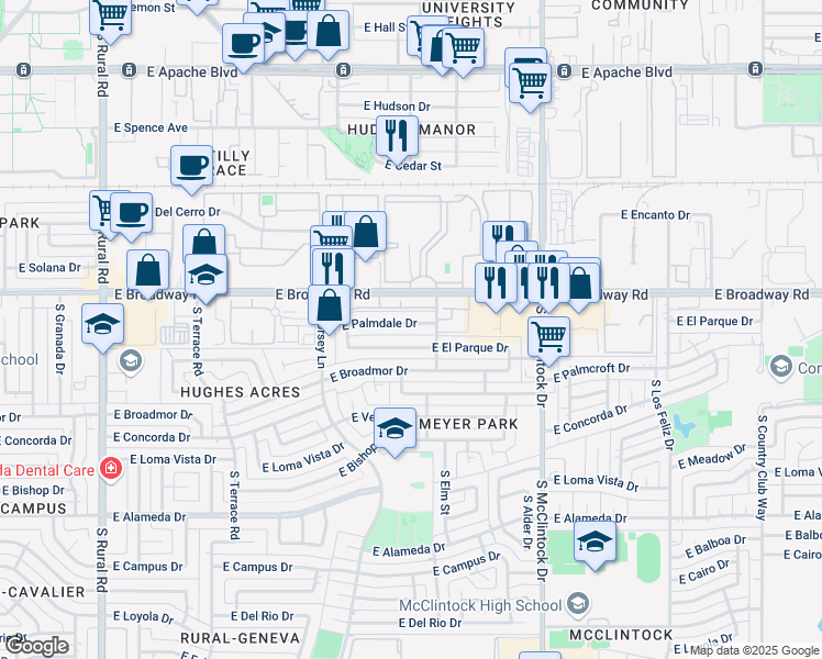 map of restaurants, bars, coffee shops, grocery stores, and more near 1431 East Palmdale Drive in Tempe