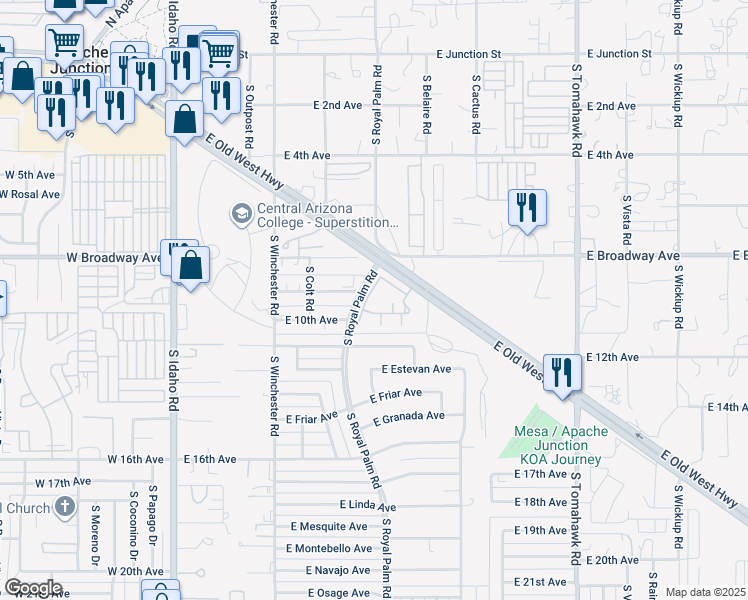 map of restaurants, bars, coffee shops, grocery stores, and more near 975 South Royal Palm Road in Apache Junction