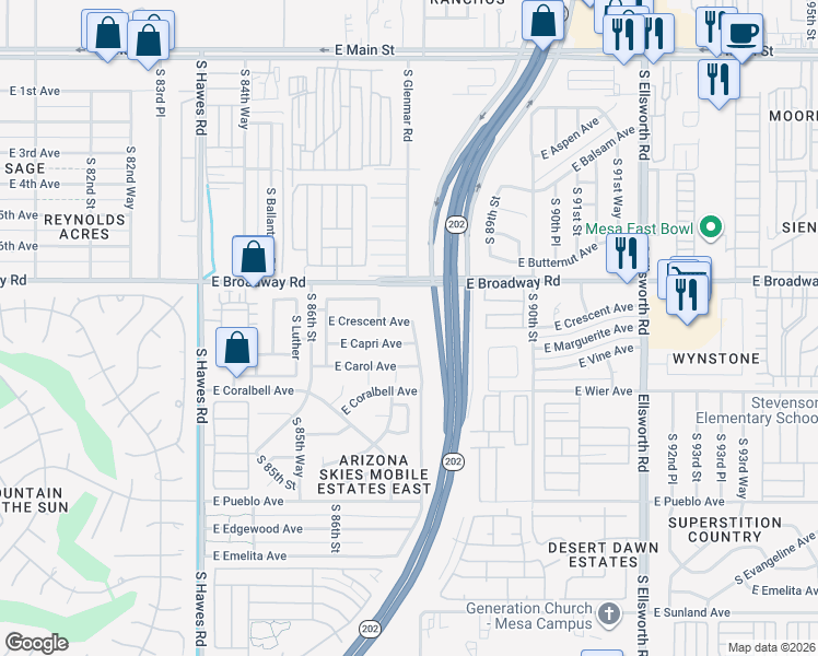 map of restaurants, bars, coffee shops, grocery stores, and more near 8755 East Crescent Avenue in Mesa