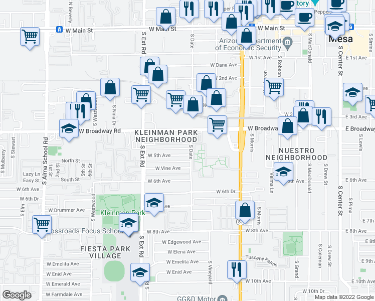 map of restaurants, bars, coffee shops, grocery stores, and more near 608 West 5th Avenue in Mesa