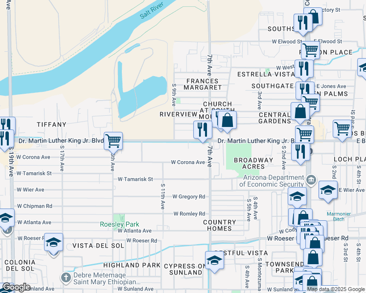 map of restaurants, bars, coffee shops, grocery stores, and more near 741 West Broadway Road in Phoenix