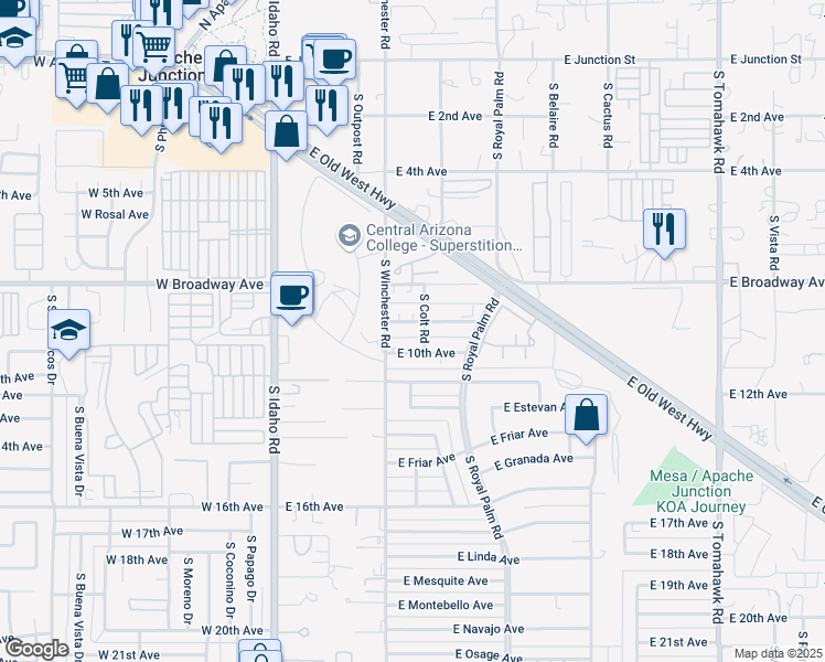 map of restaurants, bars, coffee shops, grocery stores, and more near 559 East 9th Avenue in Apache Junction