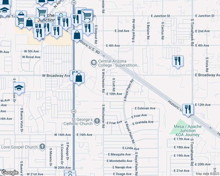 map of restaurants, bars, coffee shops, grocery stores, and more near 425 East 9th Avenue in Apache Junction