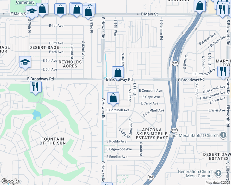map of restaurants, bars, coffee shops, grocery stores, and more near 438 South Torrence in Mesa