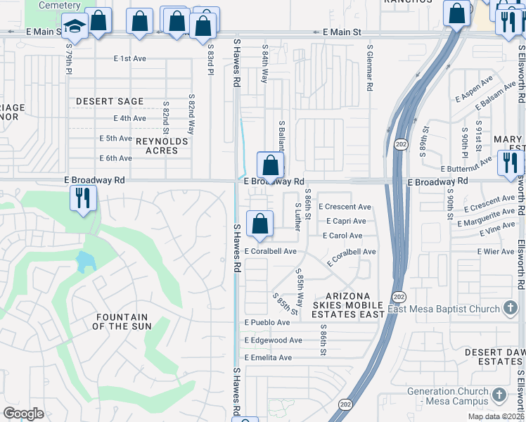 map of restaurants, bars, coffee shops, grocery stores, and more near 438 South Torrence in Mesa