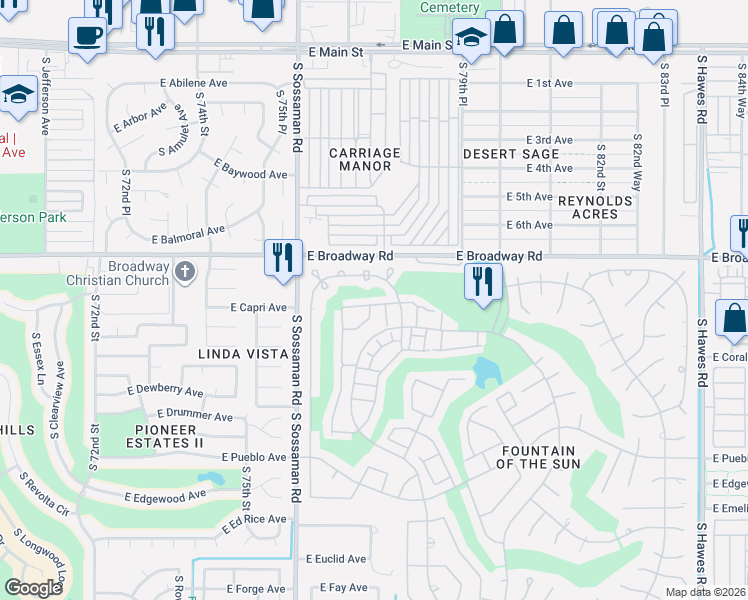 map of restaurants, bars, coffee shops, grocery stores, and more near 7723 East Calypso Avenue in Mesa
