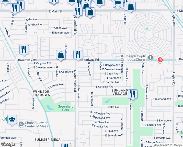 map of restaurants, bars, coffee shops, grocery stores, and more near 515 South Parkcrest in Mesa