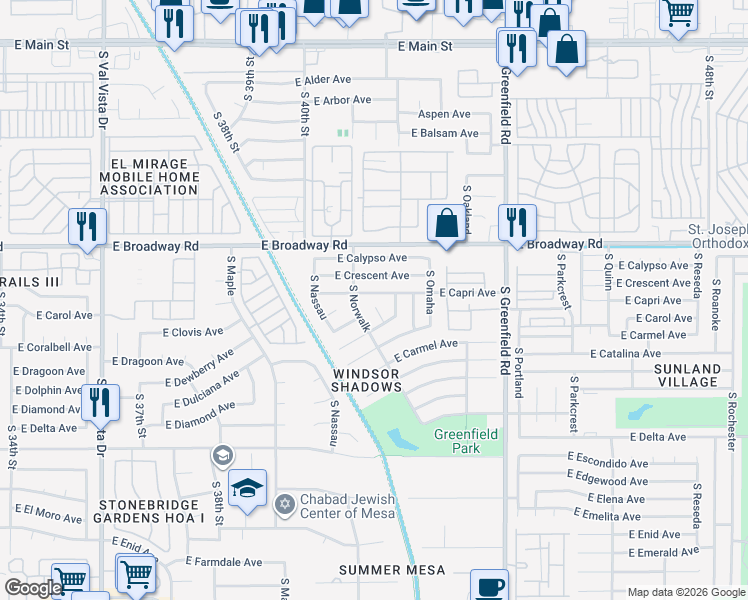map of restaurants, bars, coffee shops, grocery stores, and more near 4113 East Capri Avenue in Mesa