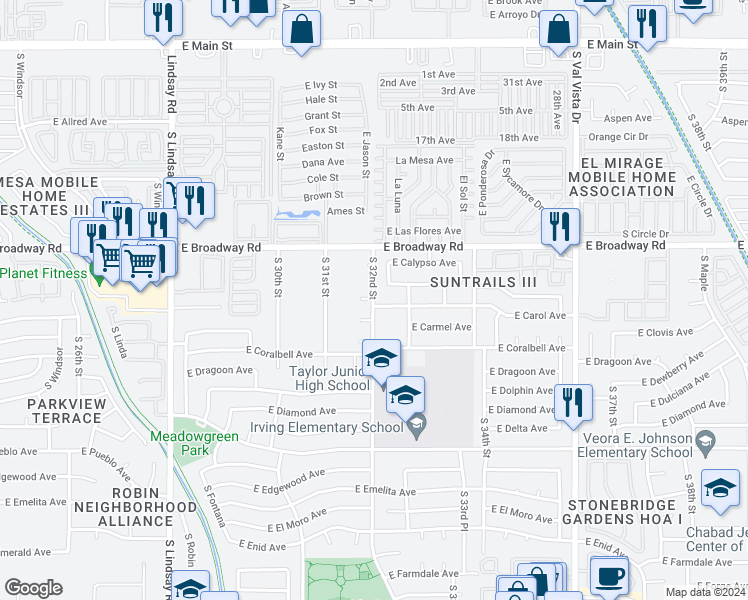 map of restaurants, bars, coffee shops, grocery stores, and more near 3209 East Crescent Avenue in Mesa