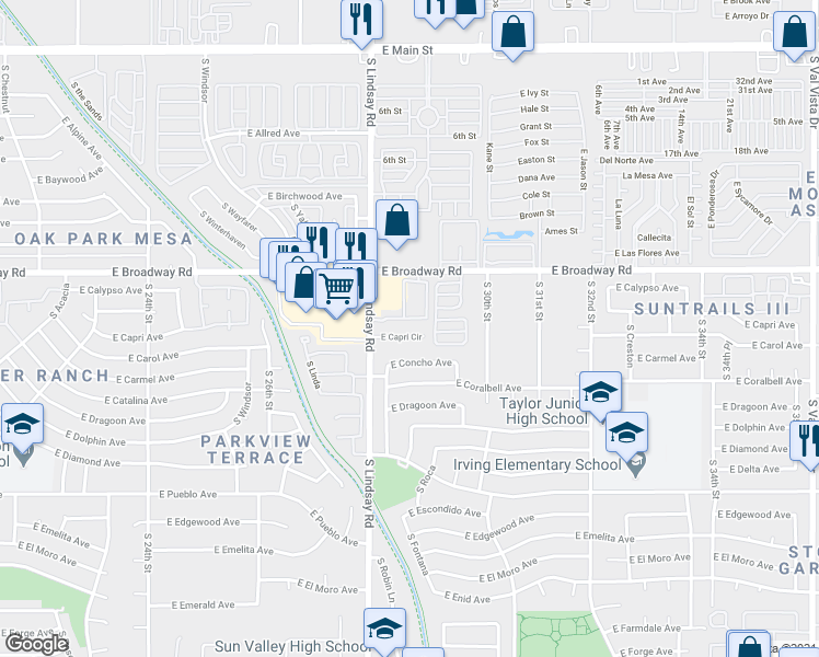 map of restaurants, bars, coffee shops, grocery stores, and more near 2840 East Capri Circle in Mesa