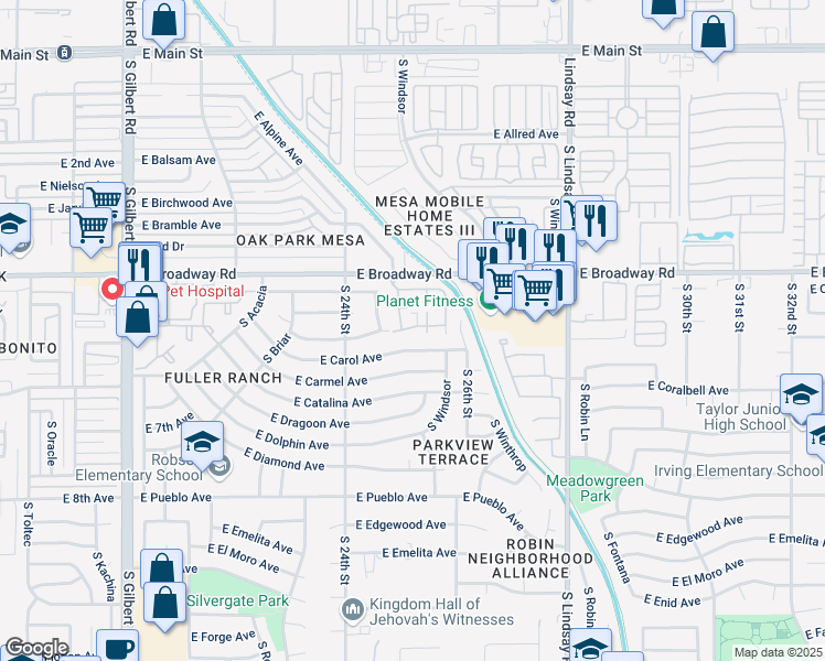 map of restaurants, bars, coffee shops, grocery stores, and more near 2455 East Broadway Road in Mesa