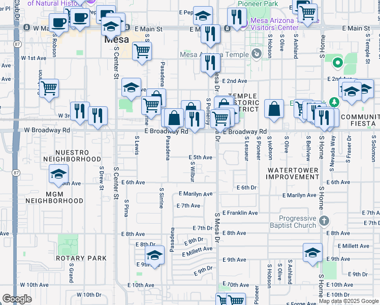 map of restaurants, bars, coffee shops, grocery stores, and more near 441 South Wilbur in Mesa
