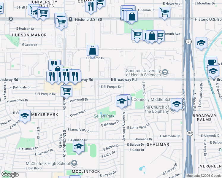 map of restaurants, bars, coffee shops, grocery stores, and more near 1917 East El Parque Drive in Tempe