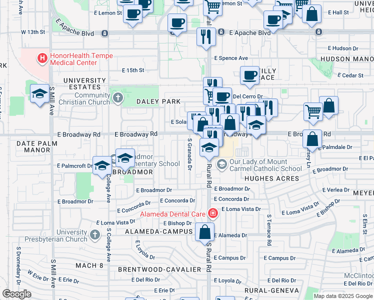 map of restaurants, bars, coffee shops, grocery stores, and more near 2027 South La Rosa Drive in Tempe