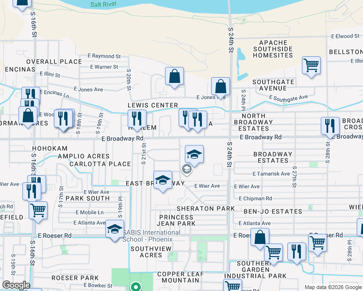 map of restaurants, bars, coffee shops, grocery stores, and more near 2201 East Broadway Road in Phoenix